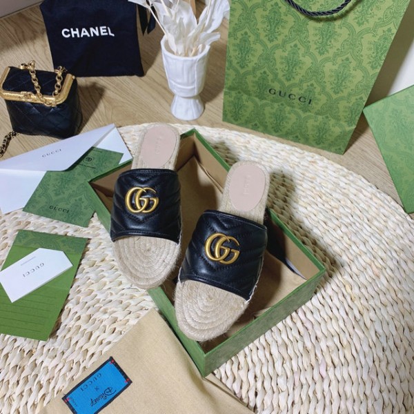 Gucci Leather & Sedge Slides With Double G 