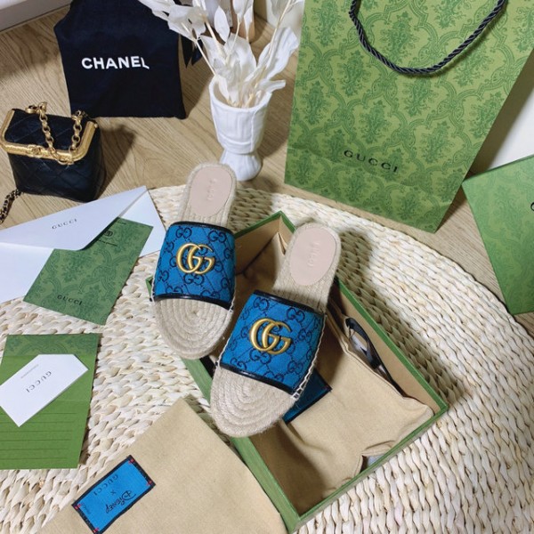 Gucci Canvas & Sedge Slides With Double G 
