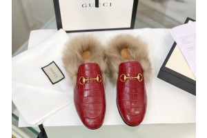 Gucci Horsebit Croco Slippers With Fur